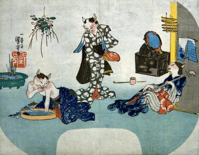Antropomorfe katten ontspannen in de zomer door Utagawa Kuniyoshi
