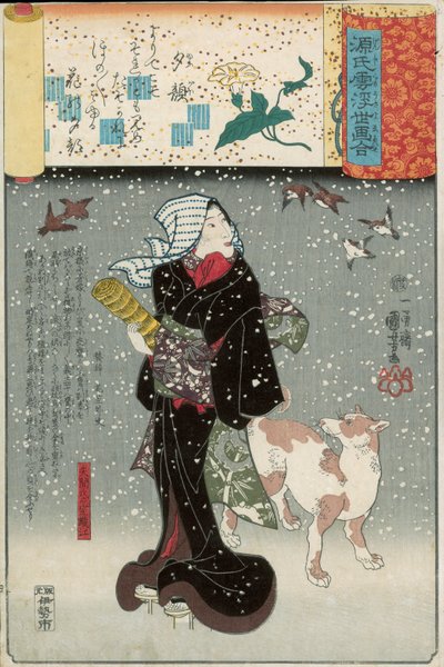 Bijin met een hond in de sneeuw, uit de Genji mitate serie door Utagawa Kuniyoshi