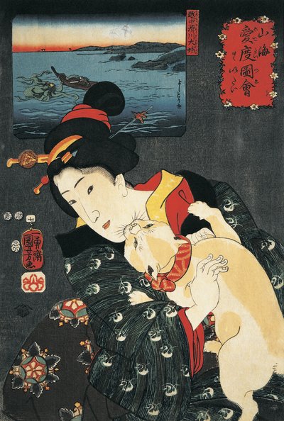 Close-up van een jonge vrouw met een kat in haar armen door Utagawa Kuniyoshi