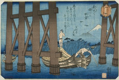 Ver Uitzicht van Onder de Shin Ohashi Brug (Shin Ohashi kyoka no chobo), uit de serie "Zesendertig Zichten op de Fuji-berg Gezien vanuit de Oostelijke Hoofdstad (Toto Fujimi sanjurokkei)" door Utagawa Kuniyoshi