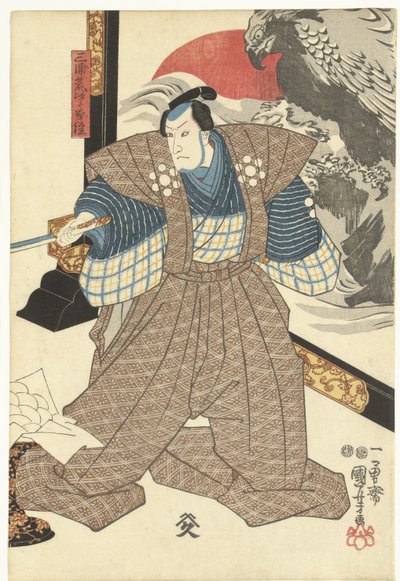 Drie acteurs bij een kamerscherm door Utagawa Kuniyoshi