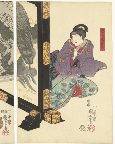 Drie acteurs bij een kamerscherm door Utagawa Kuniyoshi
