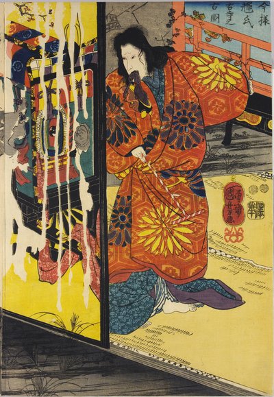 Deel van een kleur houtblok drieluik print getiteld Imayo Teruuji furudera no kozu door Utagawa Kuniyoshi