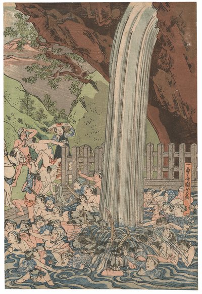 Pelgrims bij de Roben-waterval in Oyama, gesigneerd Ichiyusai Kuniyoshi door Utagawa Kuniyoshi