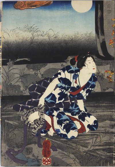 Blad uit een kleurenhoutsnede drieluik getiteld Imayo Teru-uji furudera no kozu (Up-to-date Teruuji in een oude afbeelding in een oude tempel), met een scène in een vervallen tempel bij maanlicht met gescheurde en afbladderende fusuma, met Teru-uji die een door Utagawa Kuniyoshi
