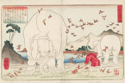 Taishun ploegt een veld met de hulp van olifanten en een zwerm mussen, gesigneerd Ichiyusai Kuniyoshi ga, c.1843 door Utagawa Kuniyoshi
