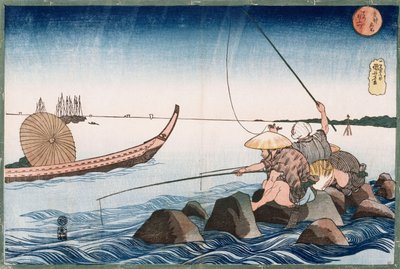 Drie vissers aan het vissen bij Teppozu", uit de serie "Beroemde plaatsen van de oostelijke hoofdstad" door Utagawa Kuniyoshi