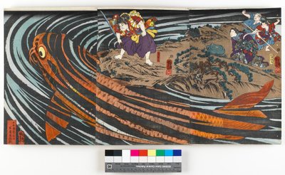 Drieluik, die Oniwaka-maru (de toekomstige Musashibo Benkei) toont die op het punt staat de reuzenkarper aan te vallen die zijn moeder verslond, c.1845 door Utagawa Kuniyoshi