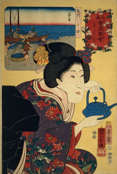 Serveester met sakeketel, met Nagato strand afgebeeld op de achtergrond door Utagawa Kuniyoshi