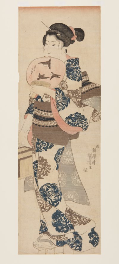 Vrouw met waaier en insectenkooi door Utagawa Kuniyoshi