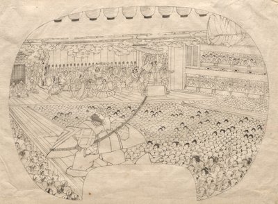 Ontwerp voor waaiervormige prent van Kabuki-theater door Utagawa Sadahide