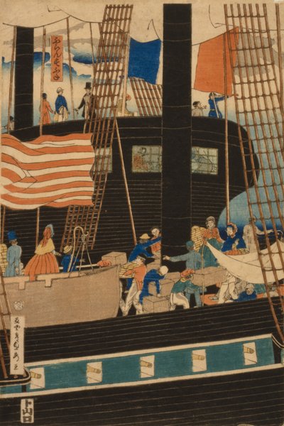 Westerse handelaren laden vracht in Yokohama, 1861 door Utagawa Sadahide