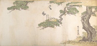 Kraanvogel en hun jongen in hun nest in de takken van een dennenboom door Utagawa Toyoharu