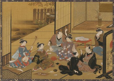 Interieur scène van een feest met geisha en klanten door Utagawa Toyoharu