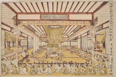 Plechtige ceremonie in de grote zaal / Uki-e Ise Daijingu Ryosho Daidai Mi-kagura no zu door Utagawa Toyoharu