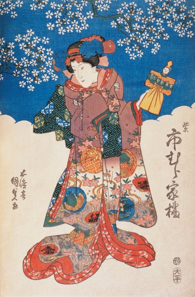 Vrouw in kimono met pop en achtergrond versierd met appelbloesems door Utagawa Toyokuni