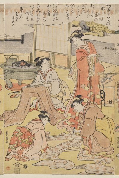 Vrouwen die kleding maken door Utagawa Toyokuni