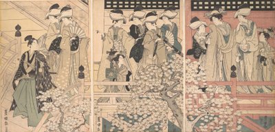 Schoonheden op een veranda tussen kersenbloesems vanwaar een samoerai vertrekt, ca. 1800 door Utagawa Toyokuni I