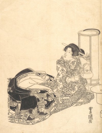 Courtisane of acteur als courtisane die thee schenkt bij het licht van een lantaarn door Utagawa Toyokuni I