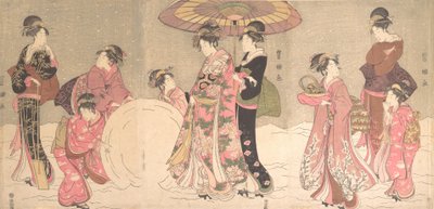 Courtisanes en Bedienden Maken een Reusachtige Sneeuwbal, ca. 1796 door Utagawa Toyokuni I