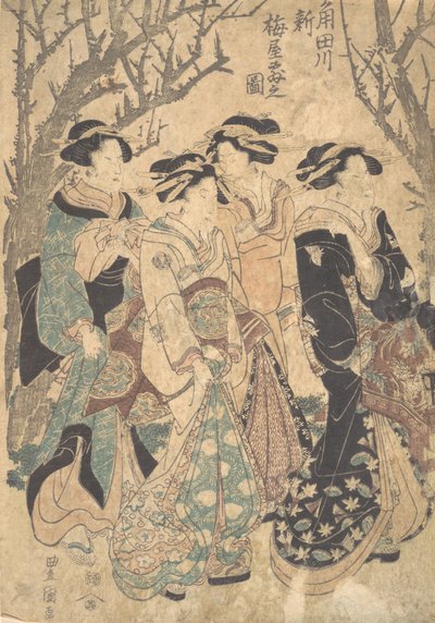 Vier vrouwen die langs een groep bomen lopen door Utagawa Toyokuni I