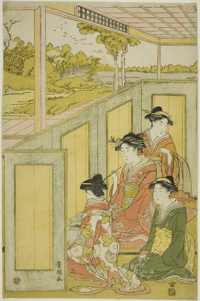 Dames achter het scherm in het landhuis van een daimyo door Utagawa Toyokuni I