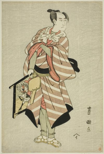 De acteur Sawamura Sojuro III als de pakpaard-man Muchizo in het stuk "Miyamairi Musubi no Kamigaki," uitgevoerd in het Kiri Theater in de elfde maand, 1797 door Utagawa Toyokuni I