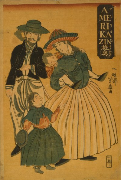 Een Amerikaanse familie op wandeling in Yokohama, 1861 door Utagawa Yoshifuji