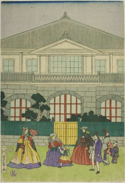 Woning van Franse Koopman in de Haven van Yokohama (Yokohama ko Furansu shokan no zu) door Utagawa Yoshikazu