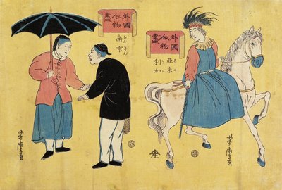 Amerikaan (rechts), Chinese Mannen (links) door Utagawa Yoshitora