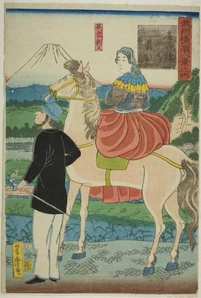 Engelsman kijkt naar dalende ganzen bij Yoshida-brug (Yoshida-bashi no rakugan, Igirisujin), uit de serie "Acht uitzichten van Yokohama in de provincie Musashino (Bushu Yokohama hakkei no uchi)" door Utagawa Yoshitora