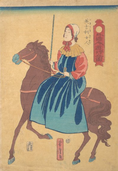 Engelse vrouw te paard, 1e maand, 1861 door Utagawa Yoshitora
