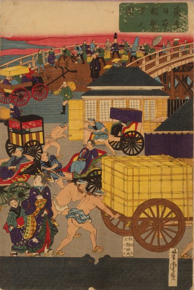 Bloeiend Nihonbashi-gedeelte van Tokio door Utagawa Yoshitora