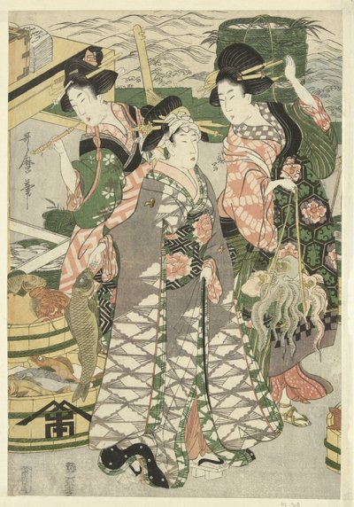 Gezicht op de vismarkt op het strand te Shiba door Utamaro (II) , Kitagawa