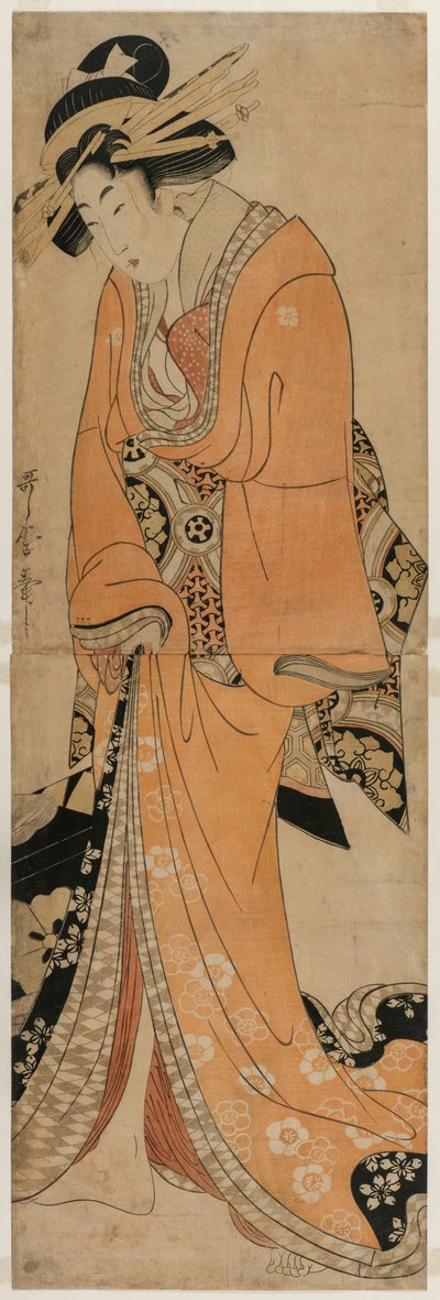 Geisha Staand Naast een Shamisen Koffer, c. 1810 door Utamaro II