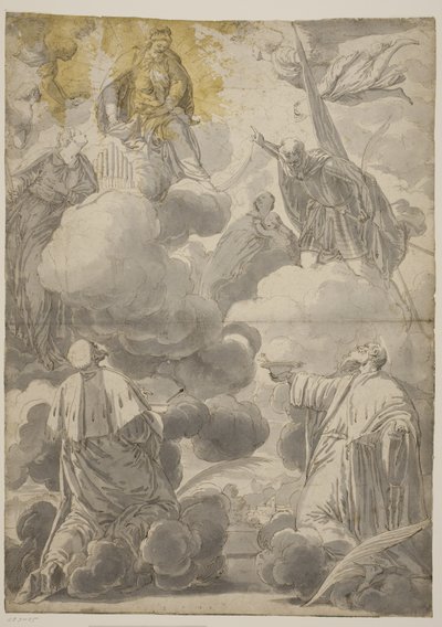 De Maagd en het Kind in de wolken omringd door engelen en de heiligen Cosmas en Damianus, Cecilia, Secondo en Marina door Valentin Lefèvre