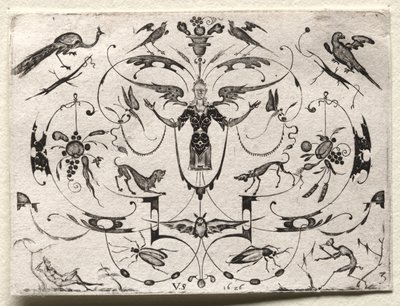 Arabesk met pauw, parkiet, honden en insecten, 1626 door Valentin Sezenius