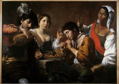 Bijeenkomst in een cabaret door Valentin de Boulogne