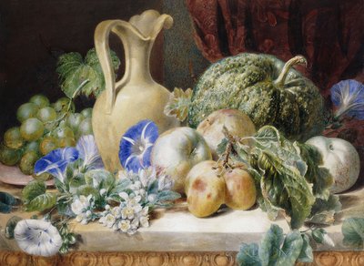 Een Stilleven met een Kan, Appels, Pruimen, Druiven en Bloemen door Valentine Bartholomew