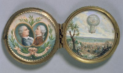 Portret Miniatuur van J.F. Pilatre en Pierre Romain met een Scène van hun Ballonvaart, 1784 door Van Blarenberghe