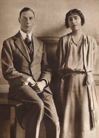 Lady Elizabeth Bowes Lyon en de Hertog van York bij de aankondiging van hun verloving door Vandyk