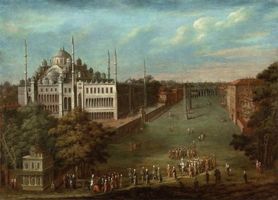 Processie van de Grootvizier op het Hippodroomplein met de Sultan Ahmed Moskee, 1737 door Vanmour