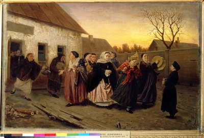 Russisch gebruik: processie van vrouwen die een huis verlaten dansend en zingend de avond voor een huwelijk door Vasili Grigorevich Perov