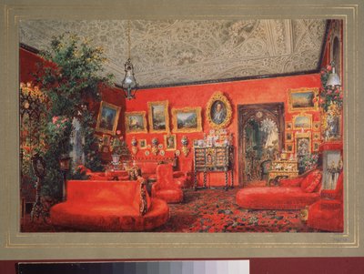 De rode woonkamer in het Yusupov-paleis in Sint-Petersburg door Vasili Semenovich Sadovnikov