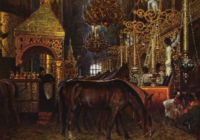 In de kathedraal van Ouspegnia (kleurenlitho) door Vasili Vasilievich Vereshchagin
