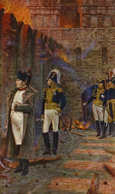 Napoleon Bonaparte kijkt toe terwijl het Kremlin in Moskou afbrandt (kleurenlitho) door Vasili Vasilievich Vereshchagin