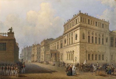 Zicht op de Nieuwe Hermitage door Millionnaya Straat door Vasily Semyonovich Sadonikov
