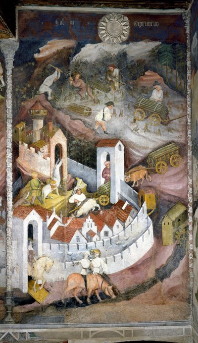December: de houthakkers verzamelen het hout en brengen het terug naar de stad Trento waar de muur en het kasteel van Buonconsiglio worden weergegeven door Venceslao Maestro