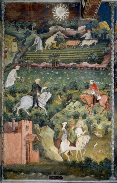 September: Valkenjacht en ploegen van het veld. Landbouwscène met kar getrokken door ossen en landbouwgereedschap. (begin 15e eeuw) door Venceslao Maestro