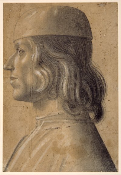 Borstbeeldportret van een man in profiel naar links, met een pet door Venetian School